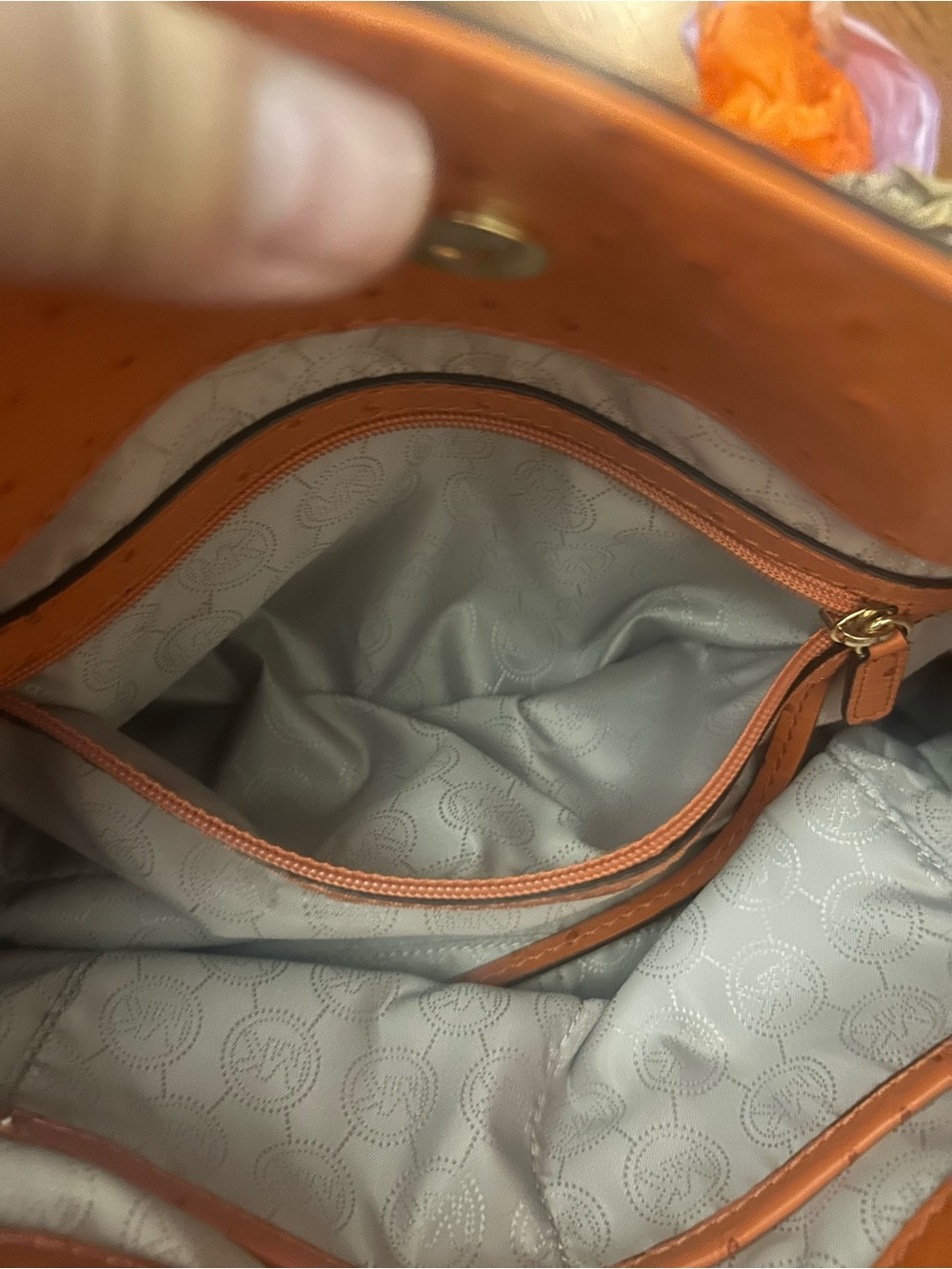 Michael Kors Orange Leather Satchel with Gold Hardware and MK Lock - Picture 11 of 13